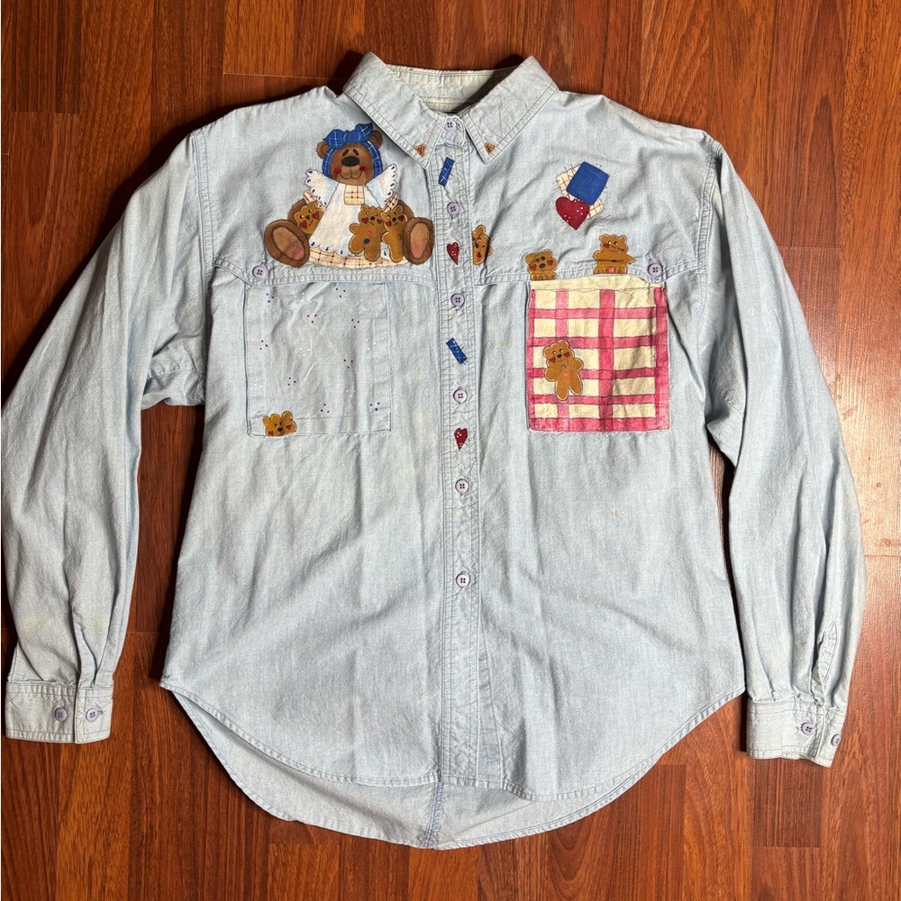 Vintage 80s 90s Ol' Paint Chambray Denim Button Shirt Women S Bears Art Teacher